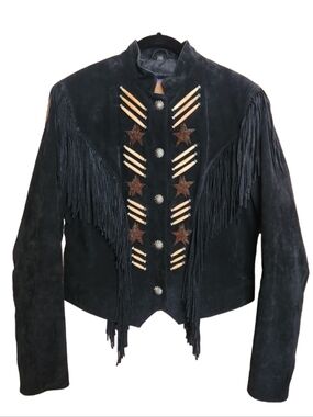 VINTAGE CRIPPLE CREEK BLACK SUEDE LEATHER WESTERN FRINGE BONE BEAD JACKET MEDIUM
